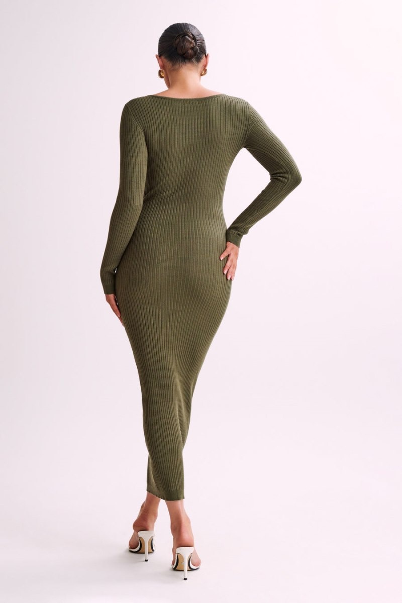 Women's Meshki Nina Long Sleeve Knit Midi Dress Olive Australia | G3S-1612