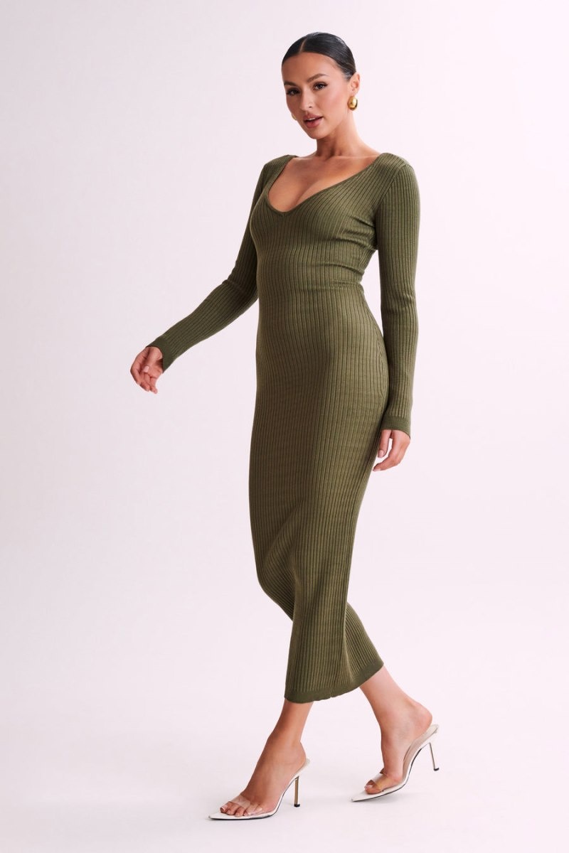 Women's Meshki Nina Long Sleeve Knit Midi Dress Olive Australia | G3S-1612