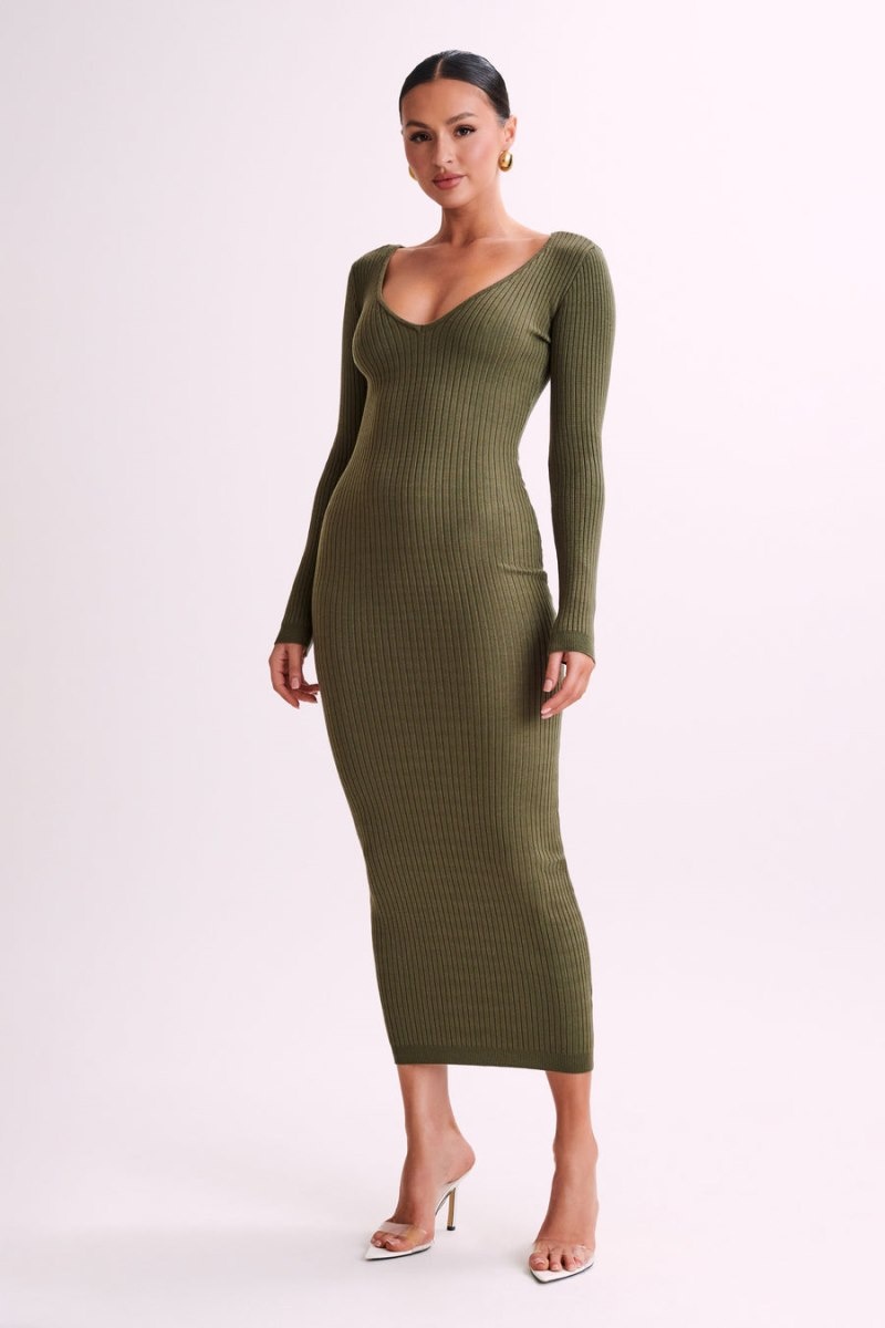 Women's Meshki Nina Long Sleeve Knit Midi Dress Olive Australia | G3S-1612