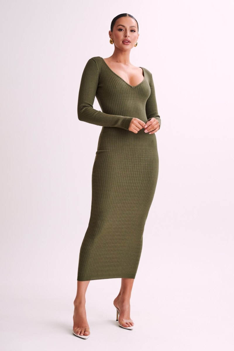 Women's Meshki Nina Long Sleeve Knit Midi Dress Olive Australia | G3S-1612