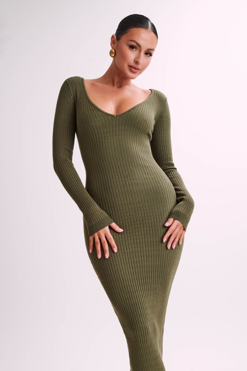 Women's Meshki Nina Long Sleeve Knit Midi Dress Olive Australia | G3S-1612