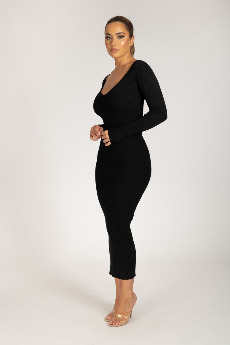 Women's Meshki Nina Long Sleeve Knit Midi Dress Black Australia | U4U-3838