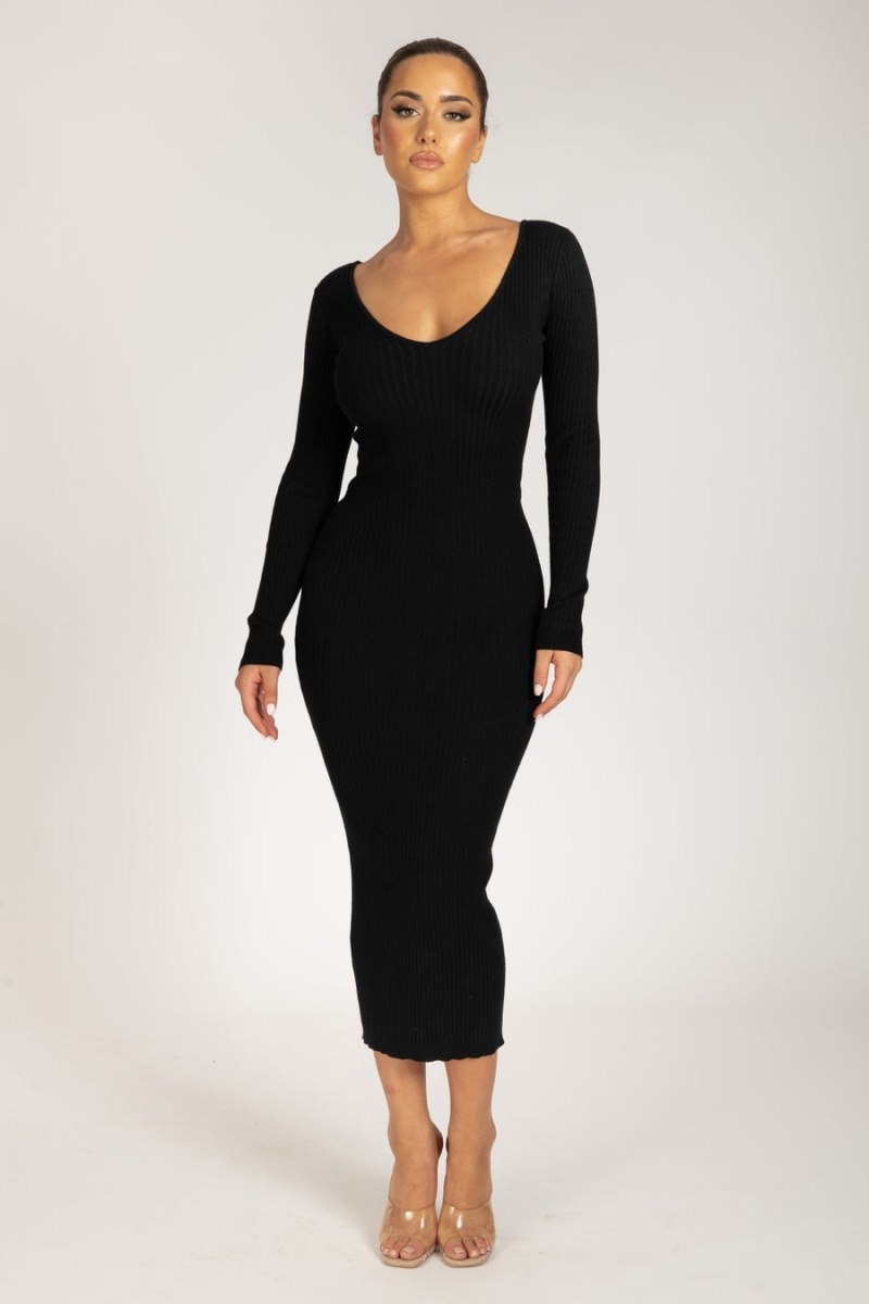 Women's Meshki Nina Long Sleeve Knit Midi Dress Black Australia | U4U-3838