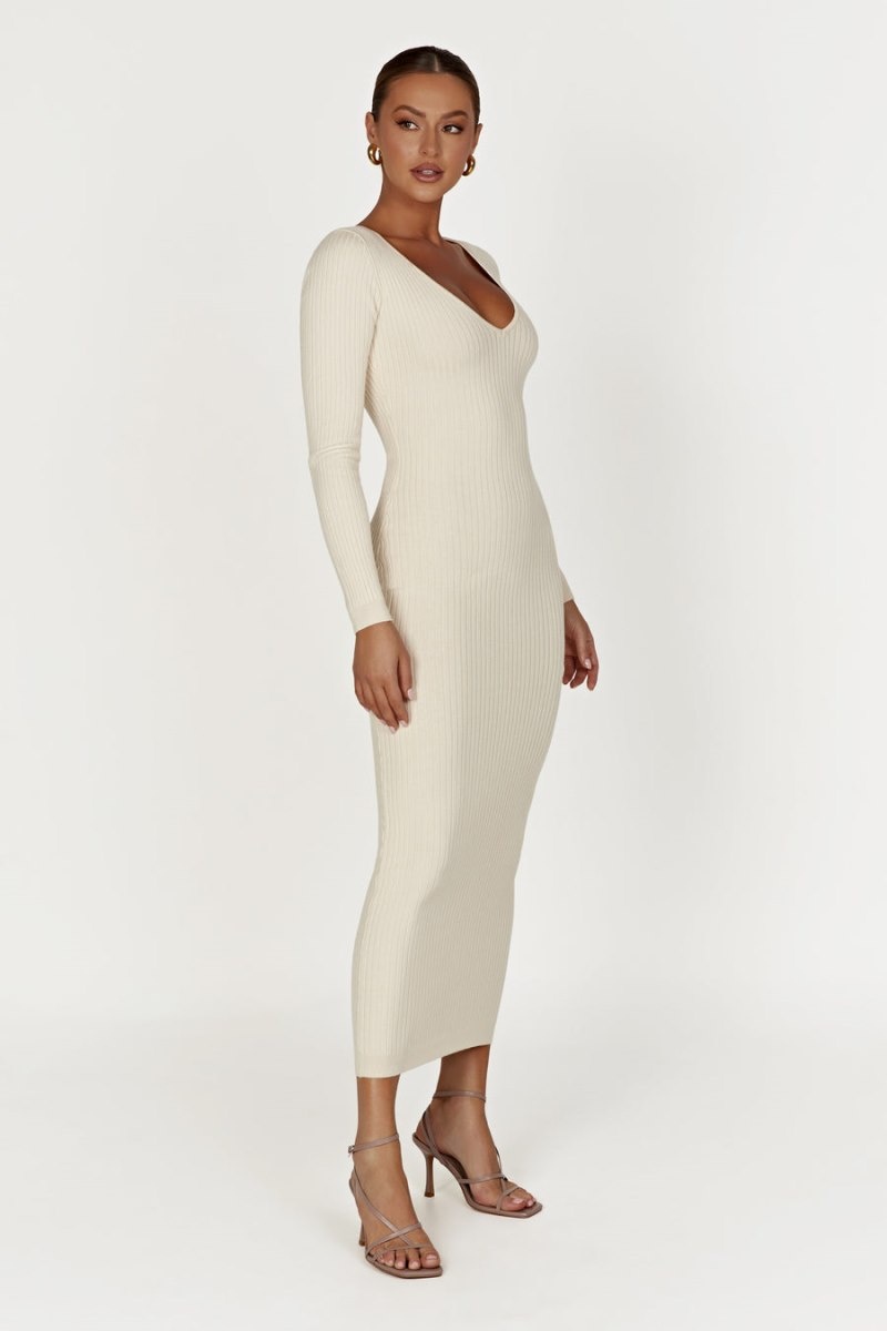 Women's Meshki Nina Long Sleeve Knit Midi Dress Cream Australia | X3A-3311