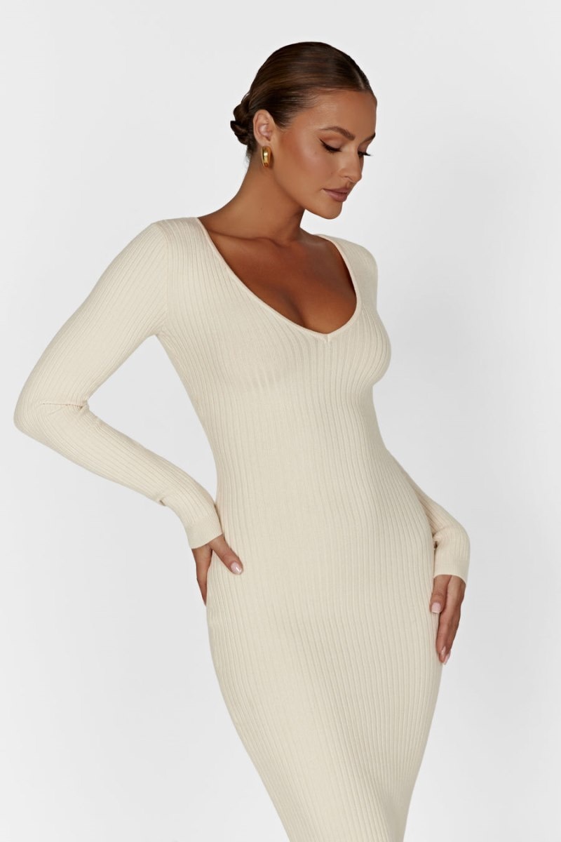 Women's Meshki Nina Long Sleeve Knit Midi Dress Cream Australia | X3A-3311