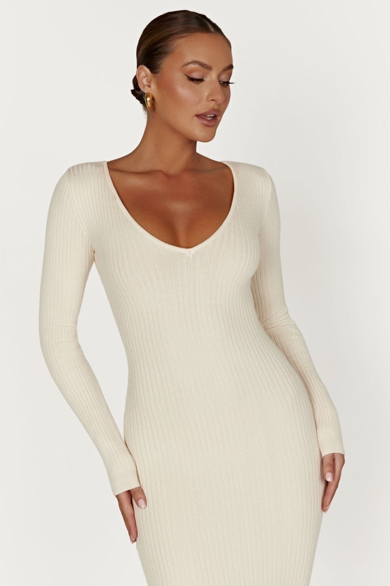 Women's Meshki Nina Long Sleeve Knit Midi Dress Cream Australia | X3A-3311