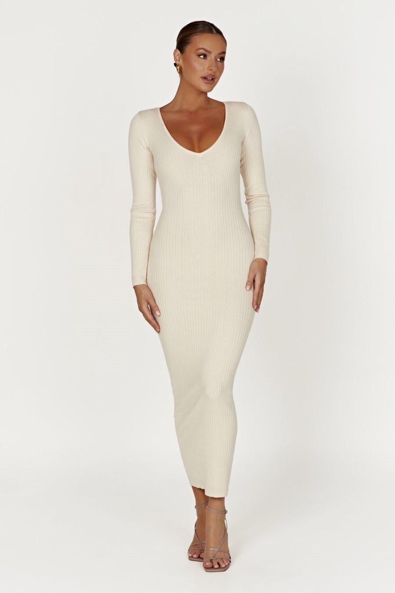 Women's Meshki Nina Long Sleeve Knit Midi Dress Cream Australia | X3A-3311