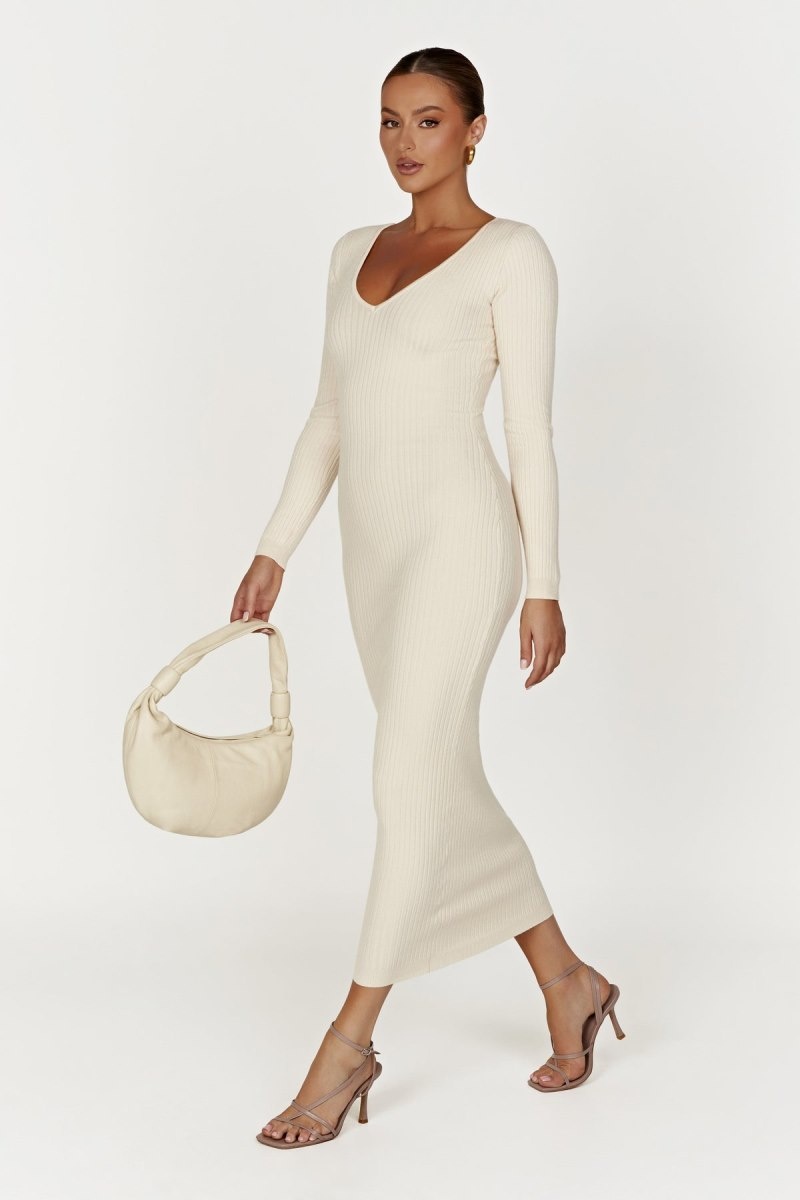 Women\'s Meshki Nina Long Sleeve Knit Midi Dress Cream Australia | X3A-3311