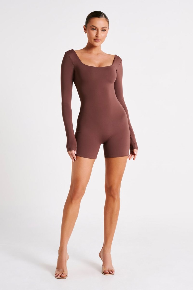 Women's Meshki Oakley Recycled Nylon Long Sleeve Playsuit Brown Australia | H8W-5312