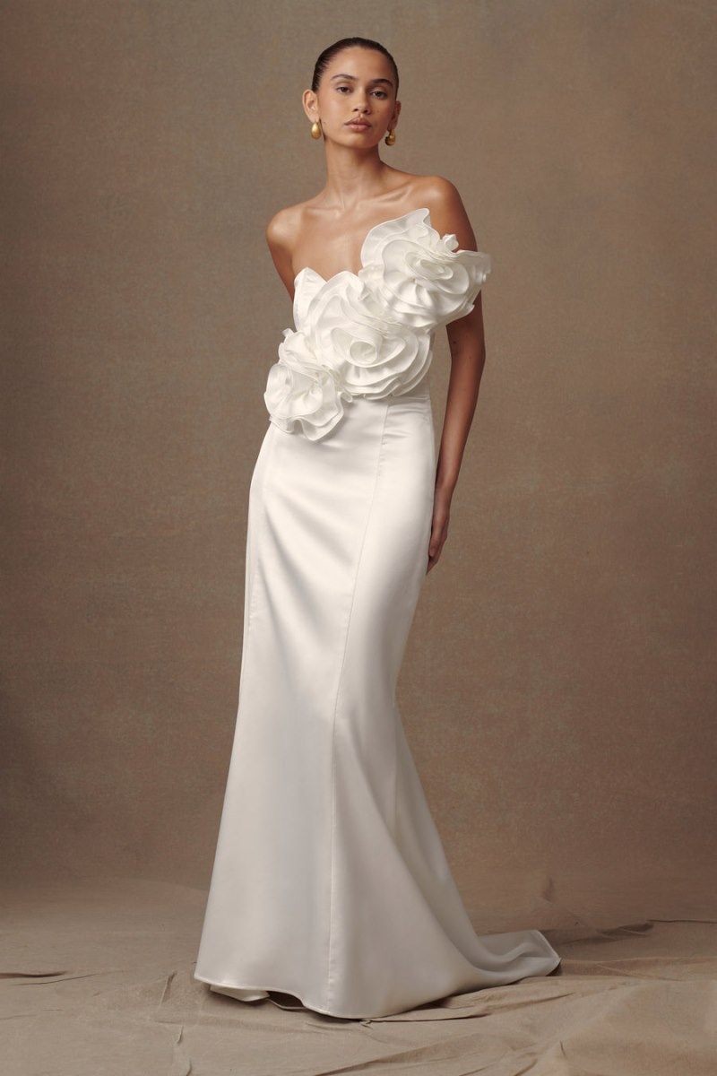 Women's Meshki Olivia Strapless Satin Rose Wedding Gown Wedding Dress White Australia | K6F-3664