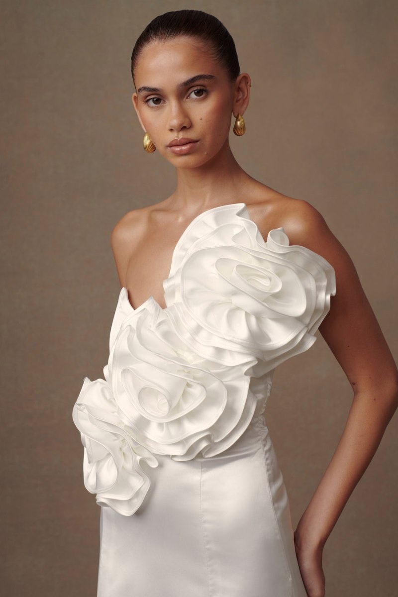 Women's Meshki Olivia Strapless Satin Rose Wedding Gown Wedding Dress White Australia | K6F-3664