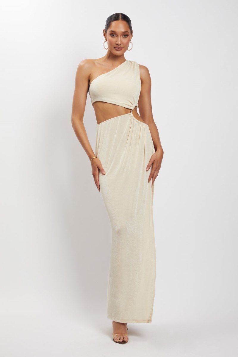 Women's Meshki Paige Ruched Side Cut Out Maxi Dress White Australia | N9P-5081