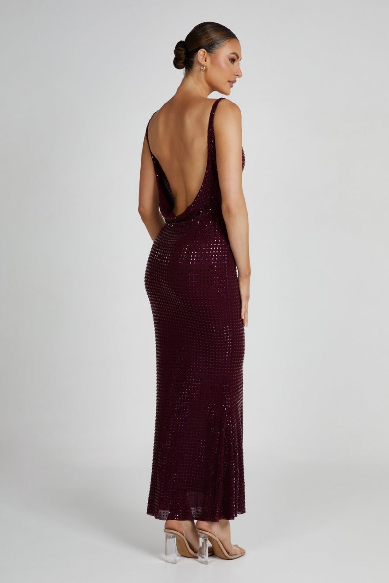 Women's Meshki Pam Square Diamante Maxi Dress Burgundy Australia | T7F-9780