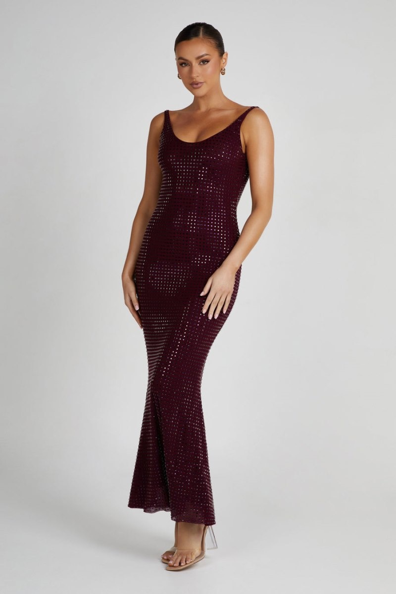 Women's Meshki Pam Square Diamante Maxi Dress Burgundy Australia | T7F-9780