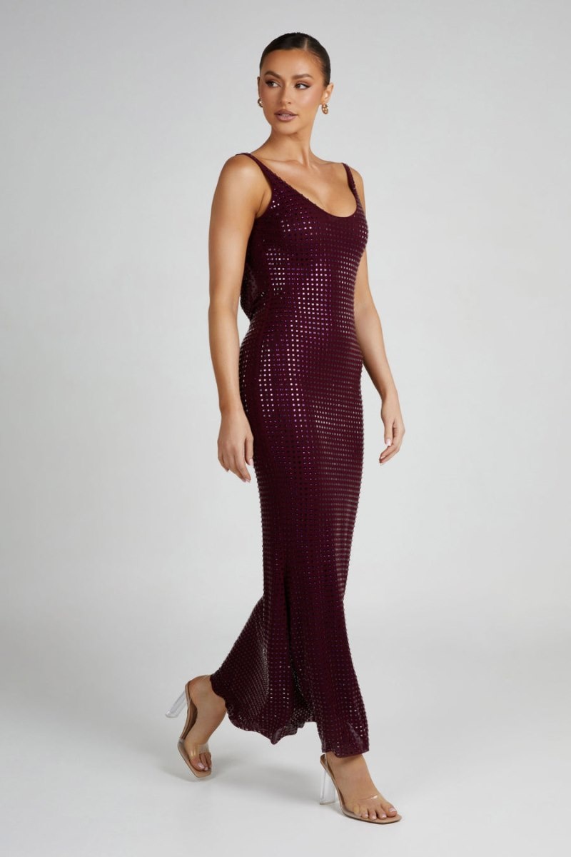 Women's Meshki Pam Square Diamante Maxi Dress Burgundy Australia | T7F-9780