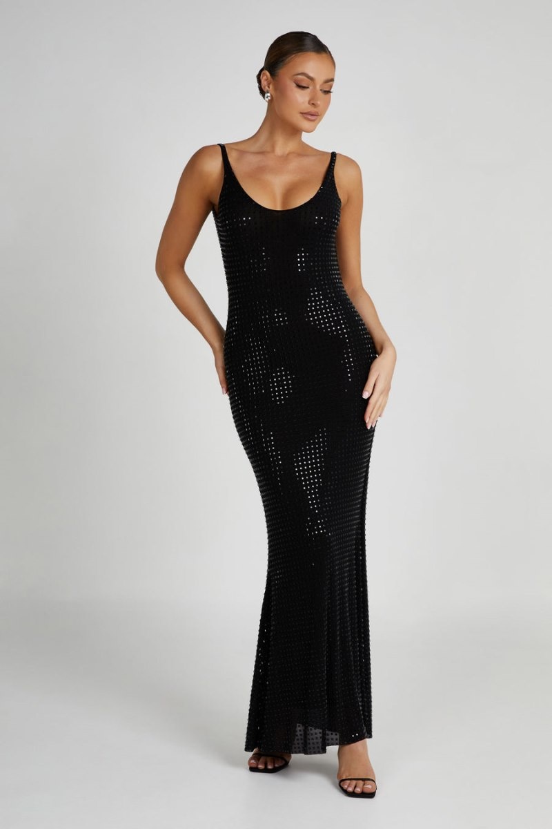 Women's Meshki Pam Square Diamante Maxi Dress Black Australia | Q9Z-9227