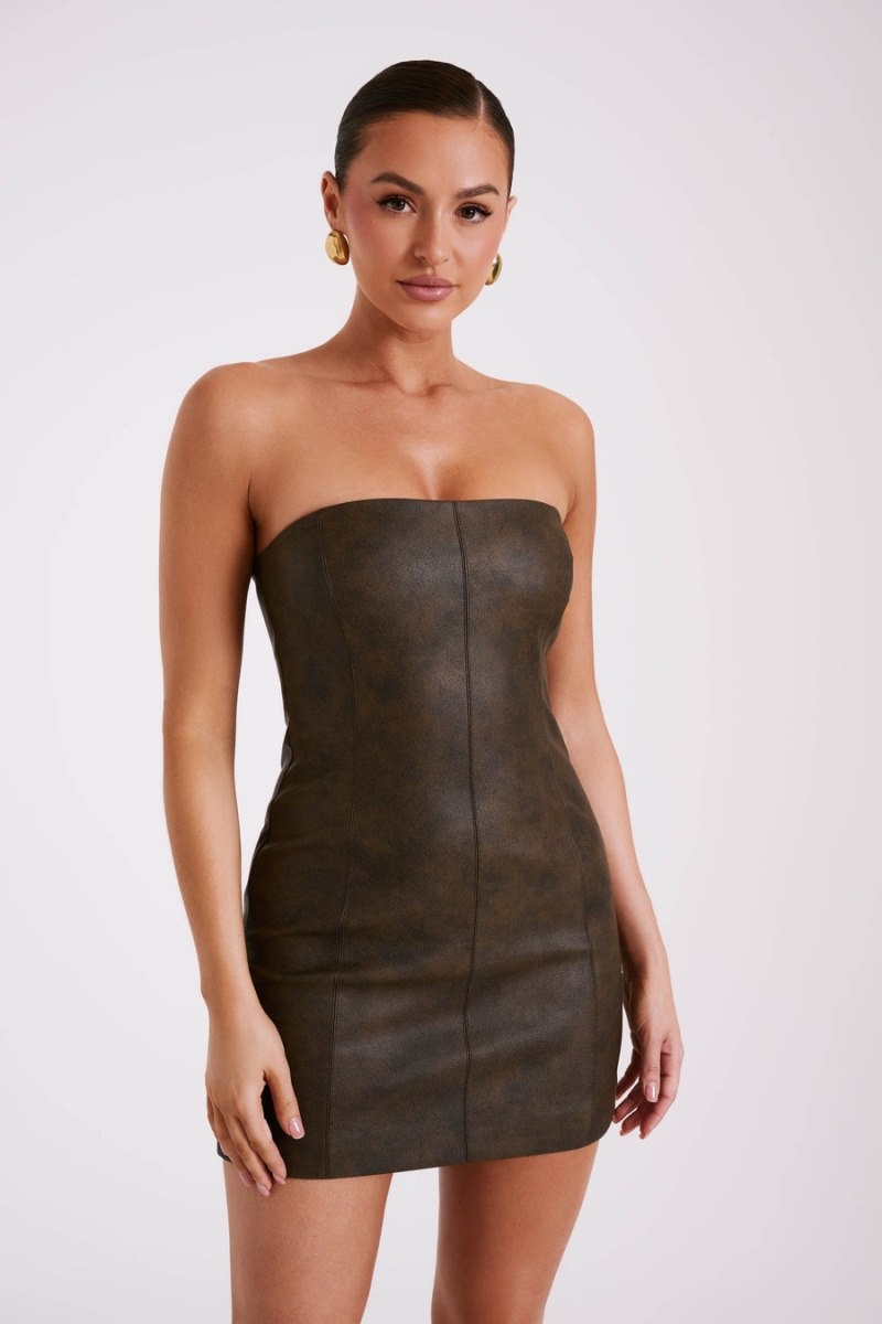 Women's Meshki Pamela Faux Leather Mini Dress Chocolate Australia | V7S-9169