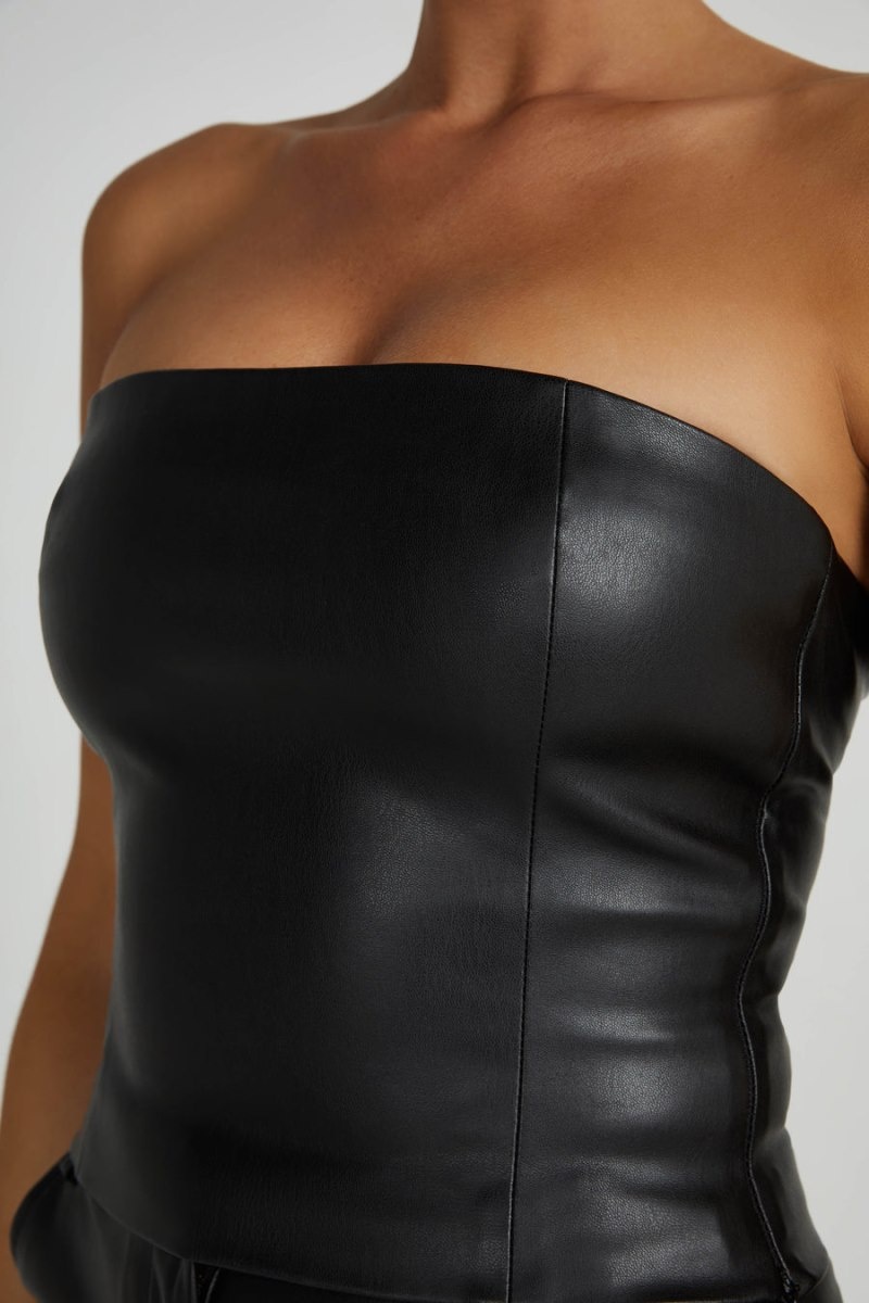 Women's Meshki Pamela Faux Leather Strapless Crop Tops Black Australia | L7O-2265