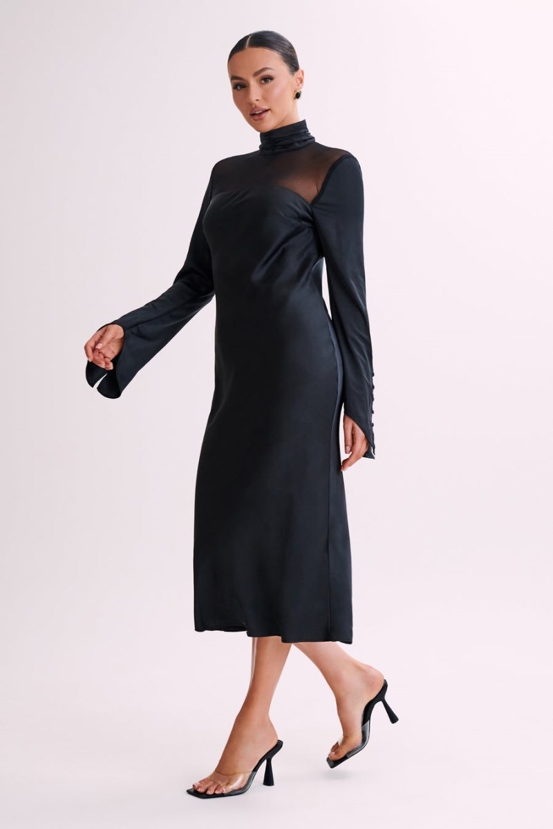 Women's Meshki Patricia High Neck Satin Midi Dress Black Australia | I4E-2571