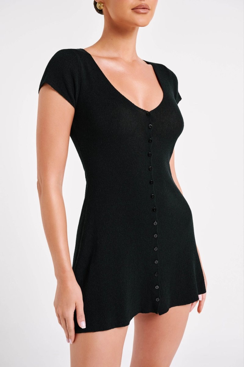 Women's Meshki Paula Buttoned Knit Mini Dress Black Australia | D4X-0524