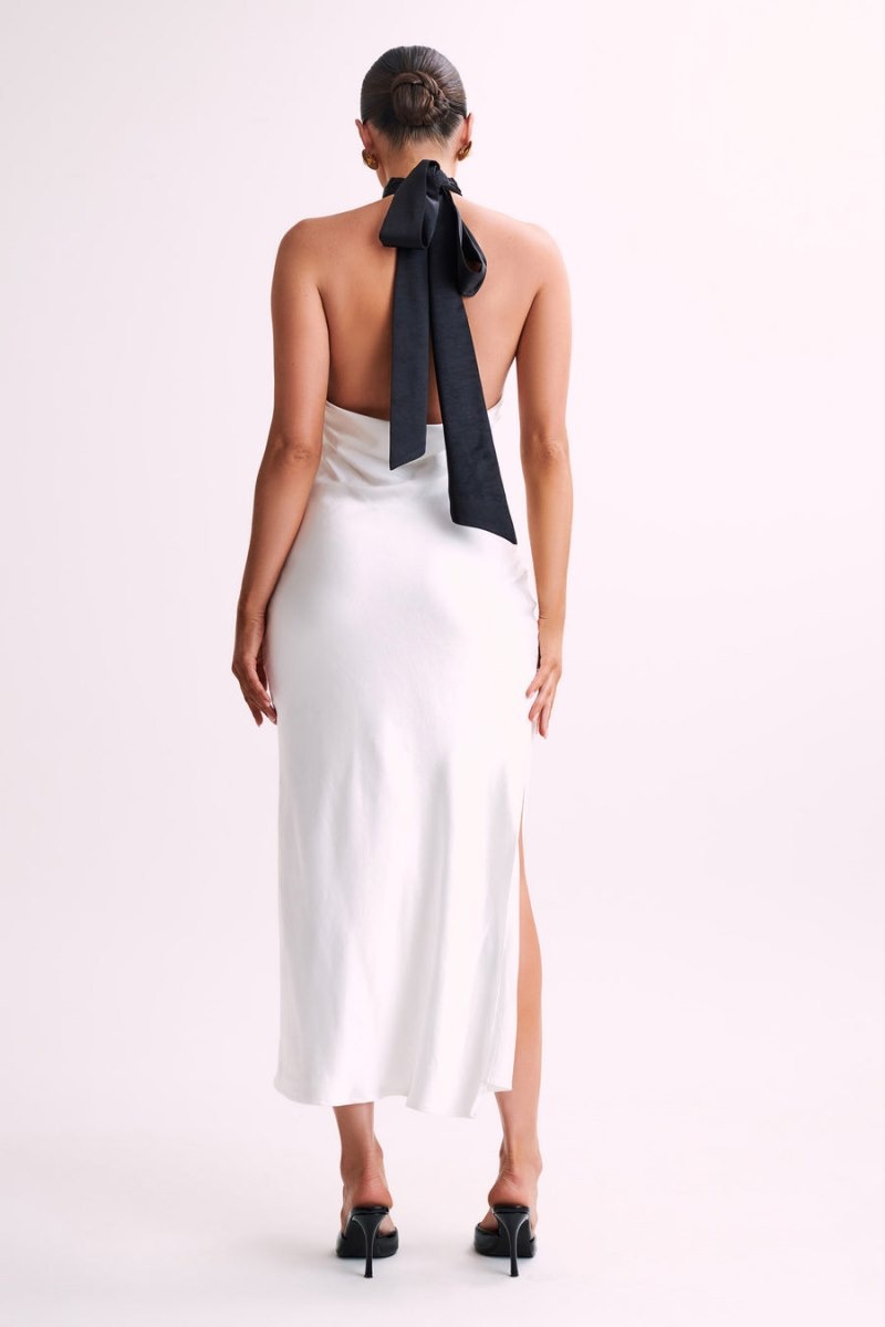 Women's Meshki Paulette Satin Bow Midi Dress Black / White Australia | M8O-4887