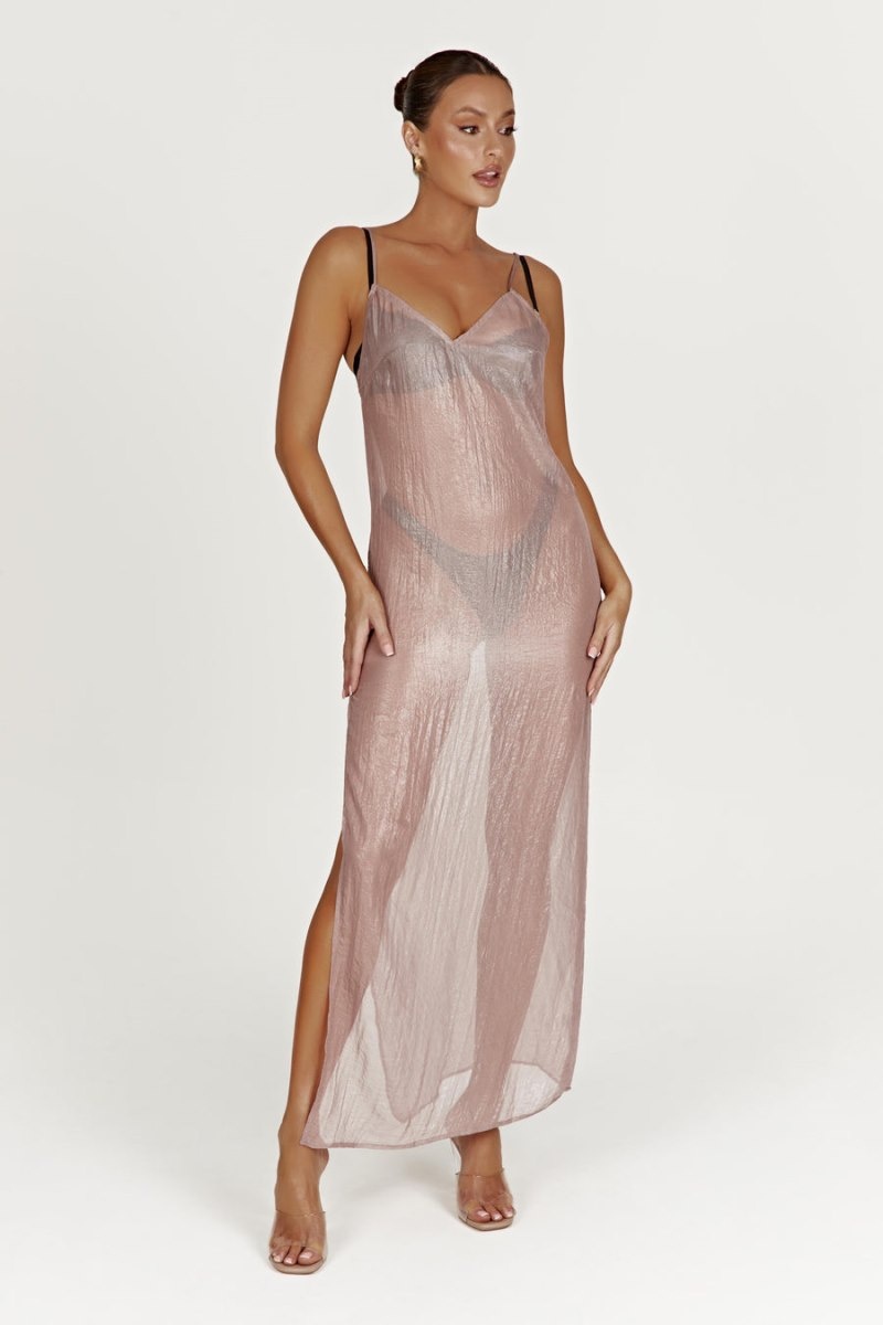 Women's Meshki Phoebe Sheer Iridescent Maxi Dress Skin Pink Australia | H1B-5700