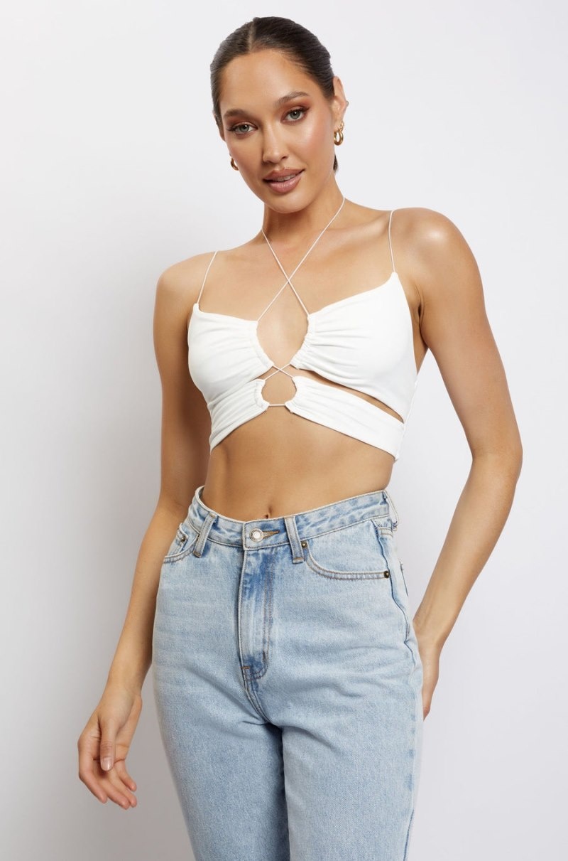 Women's Meshki Phoenix Cut Out Ruched Crop Tops White Australia | P8N-3703