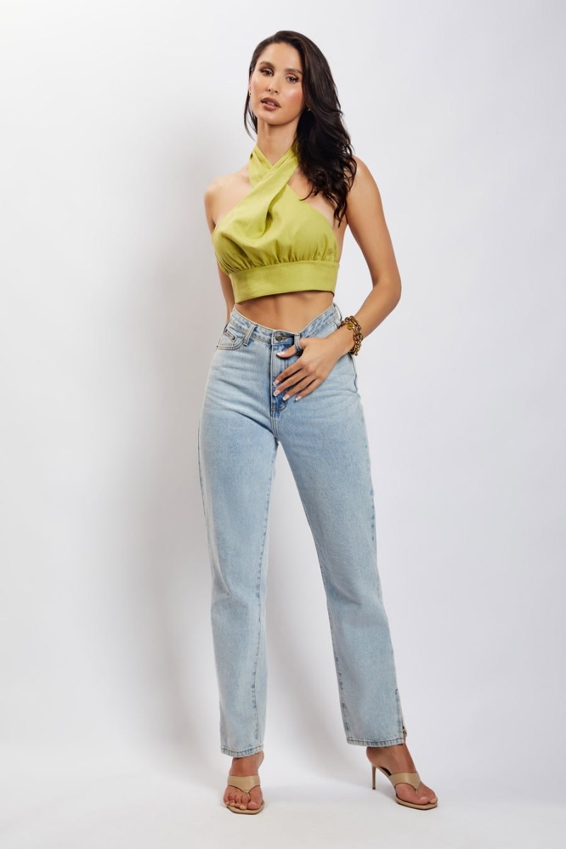 Women's Meshki Piper Halter Neck Linen Crop Tops Green Australia | D8I-4716