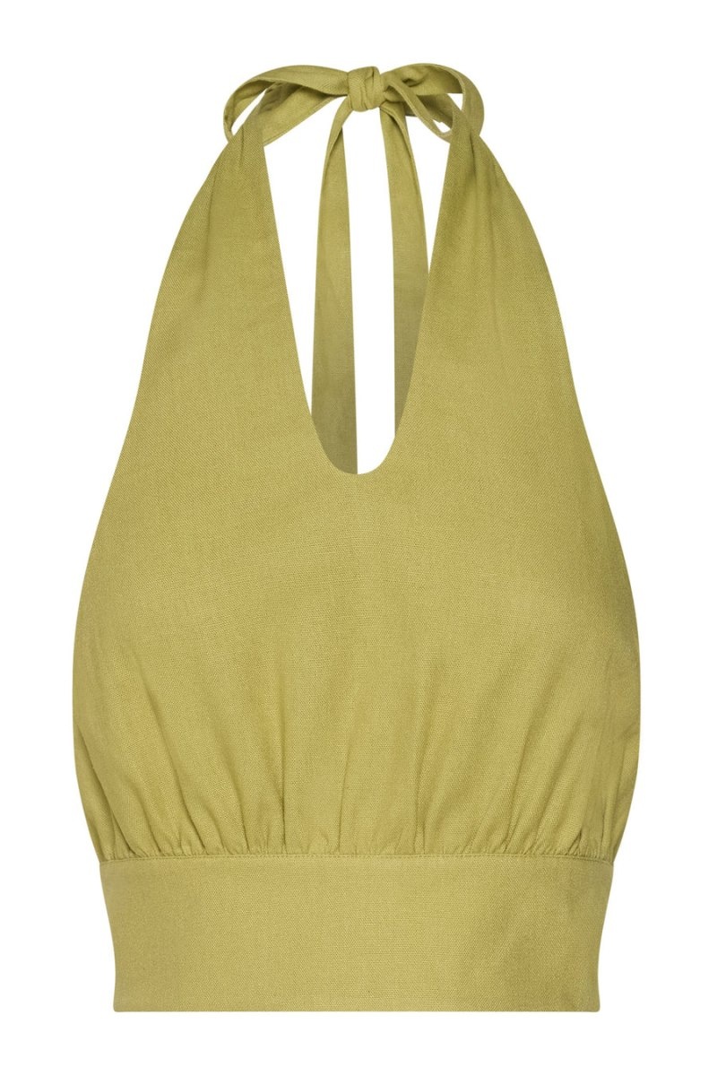 Women's Meshki Piper Halter Neck Linen Crop Tops Green Australia | D8I-4716