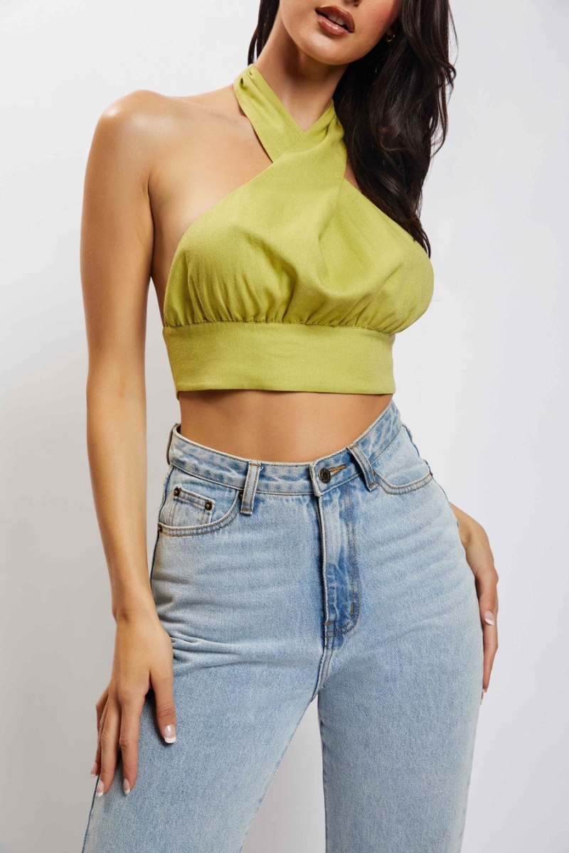 Women's Meshki Piper Halter Neck Linen Crop Tops Green Australia | D8I-4716