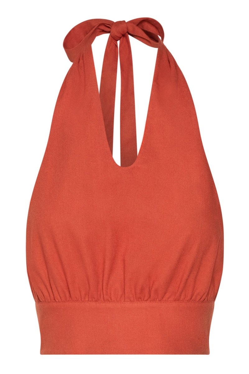 Women's Meshki Piper Halter Neck Linen Crop Tops Orange Australia | U4P-6357