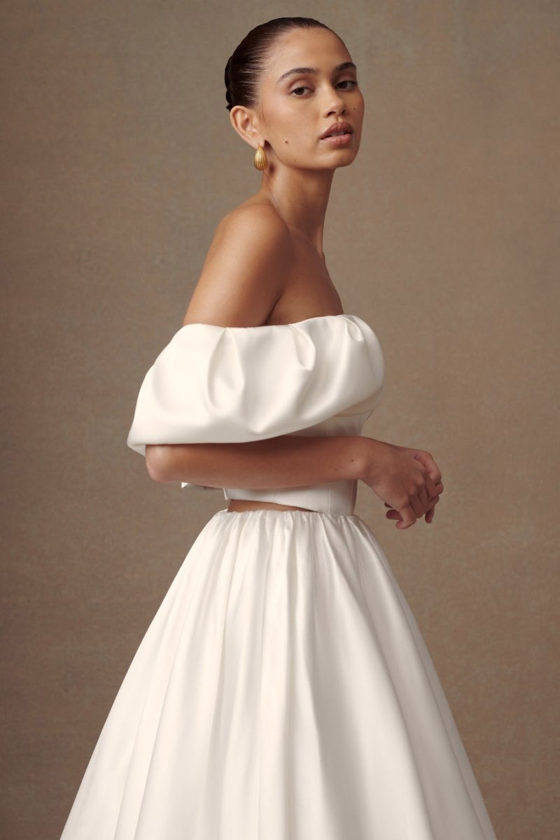 Women's Meshki Portia Off Shoulder Satin Top Wedding Dress White Australia | Z9T-1582