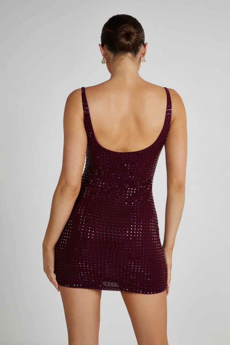 Women's Meshki Presley Square Diamante Mini Dress Burgundy Australia | S1O-2137