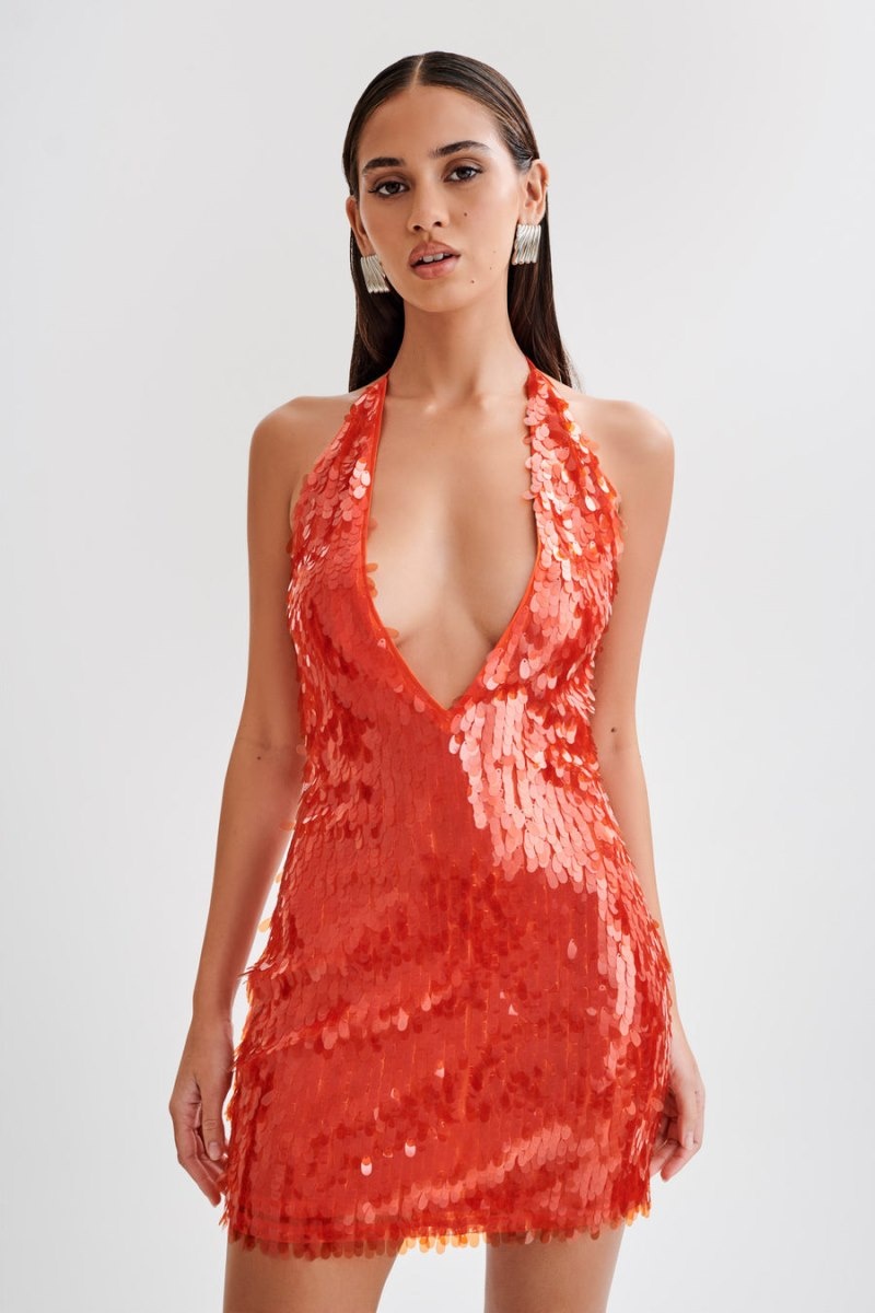 Women's Meshki Primrose Sequin Halter Mini Dress Orange Australia | M4S-2327