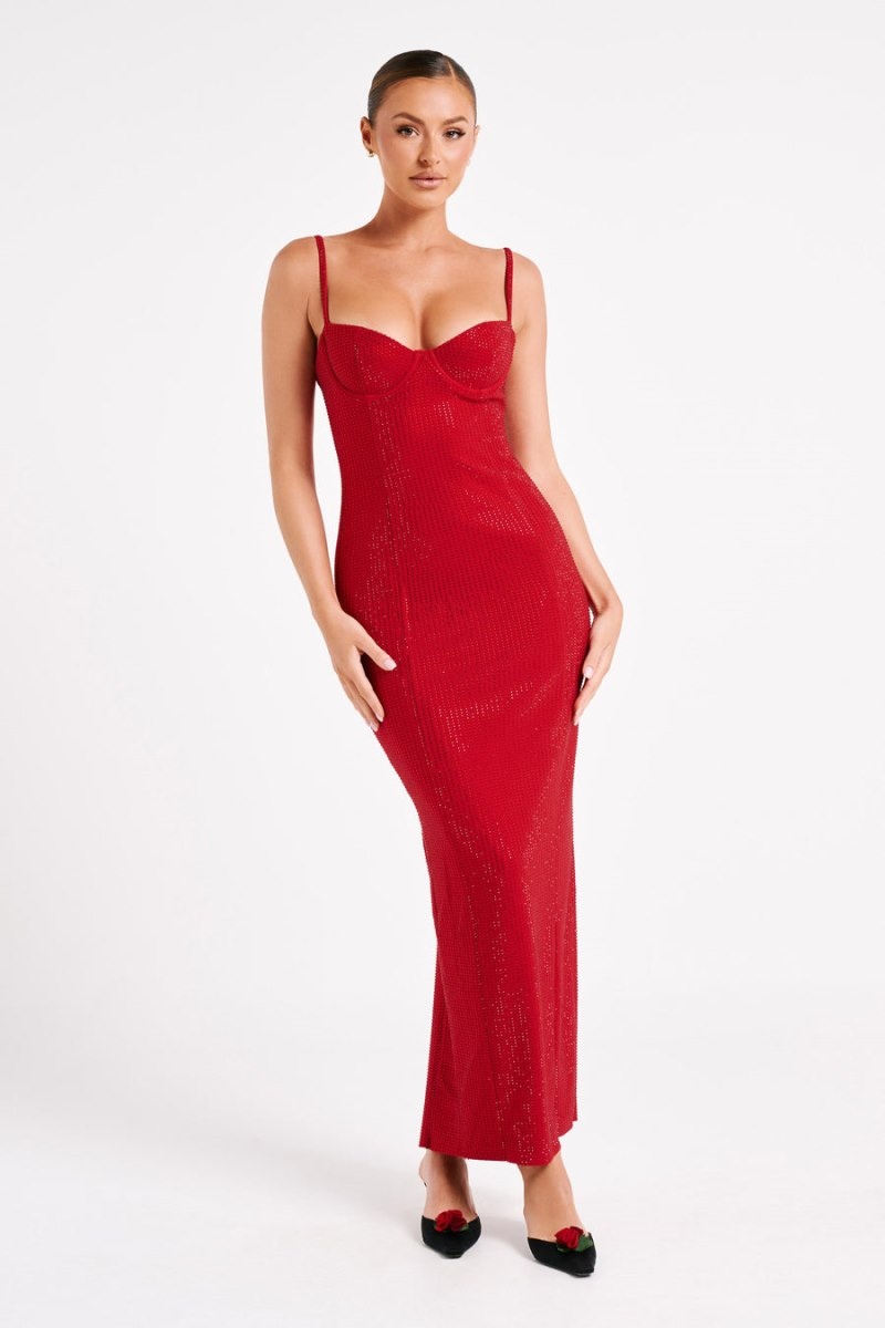 Women's Meshki Rafaela Diamante Maxi Dress Red Australia | P6Q-6671