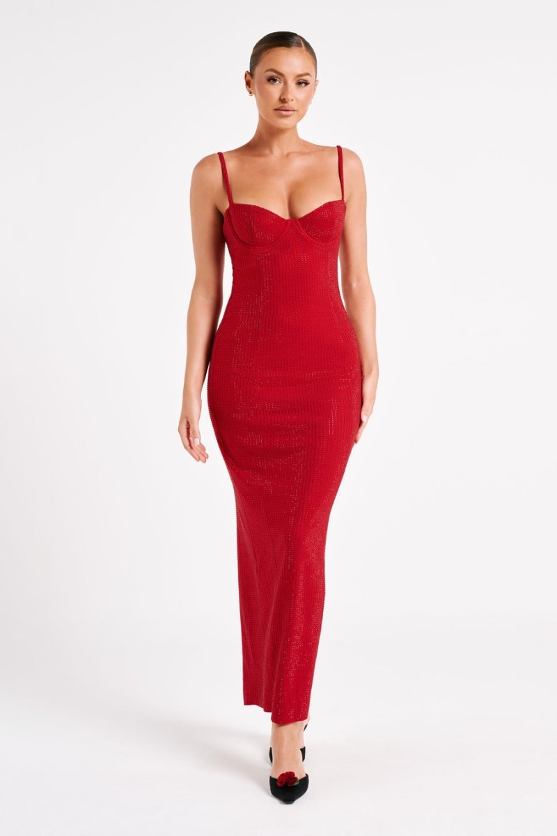 Women's Meshki Rafaela Diamante Maxi Dress Red Australia | P6Q-6671