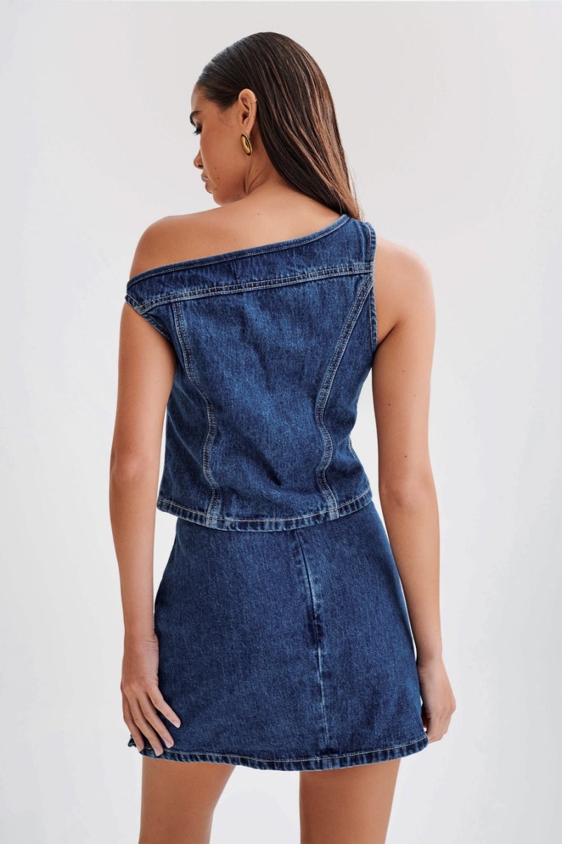 Women's Meshki Ramsey Denim Off Shoulder Tops Dark Blue Australia | D1H-1289