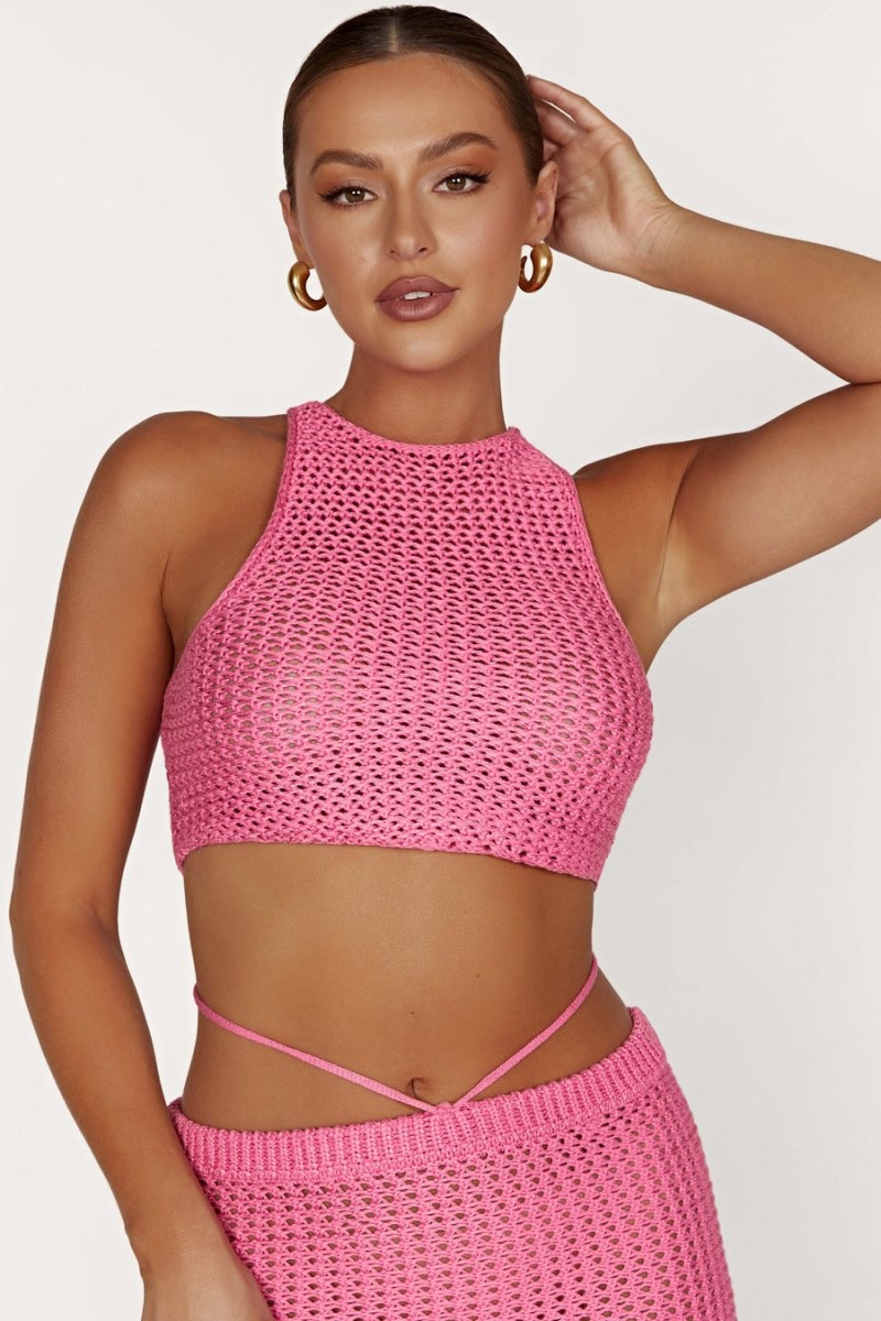 Women's Meshki Raquel Crochet Lace Up Back Tops Pink Australia | L7P-8575