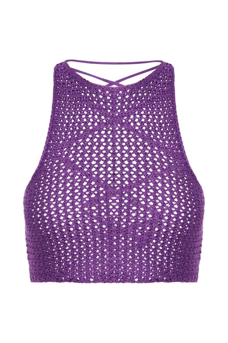 Women's Meshki Raquel Crochet Lace Up Back Tops Purple Australia | A9U-3223