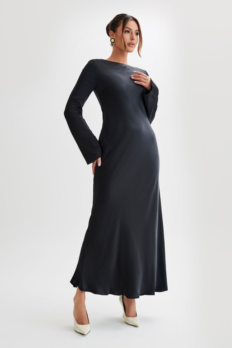 Women's Meshki Rayleigh Long Sleeve Satin Maxi Dress Black Australia | D0W-1552