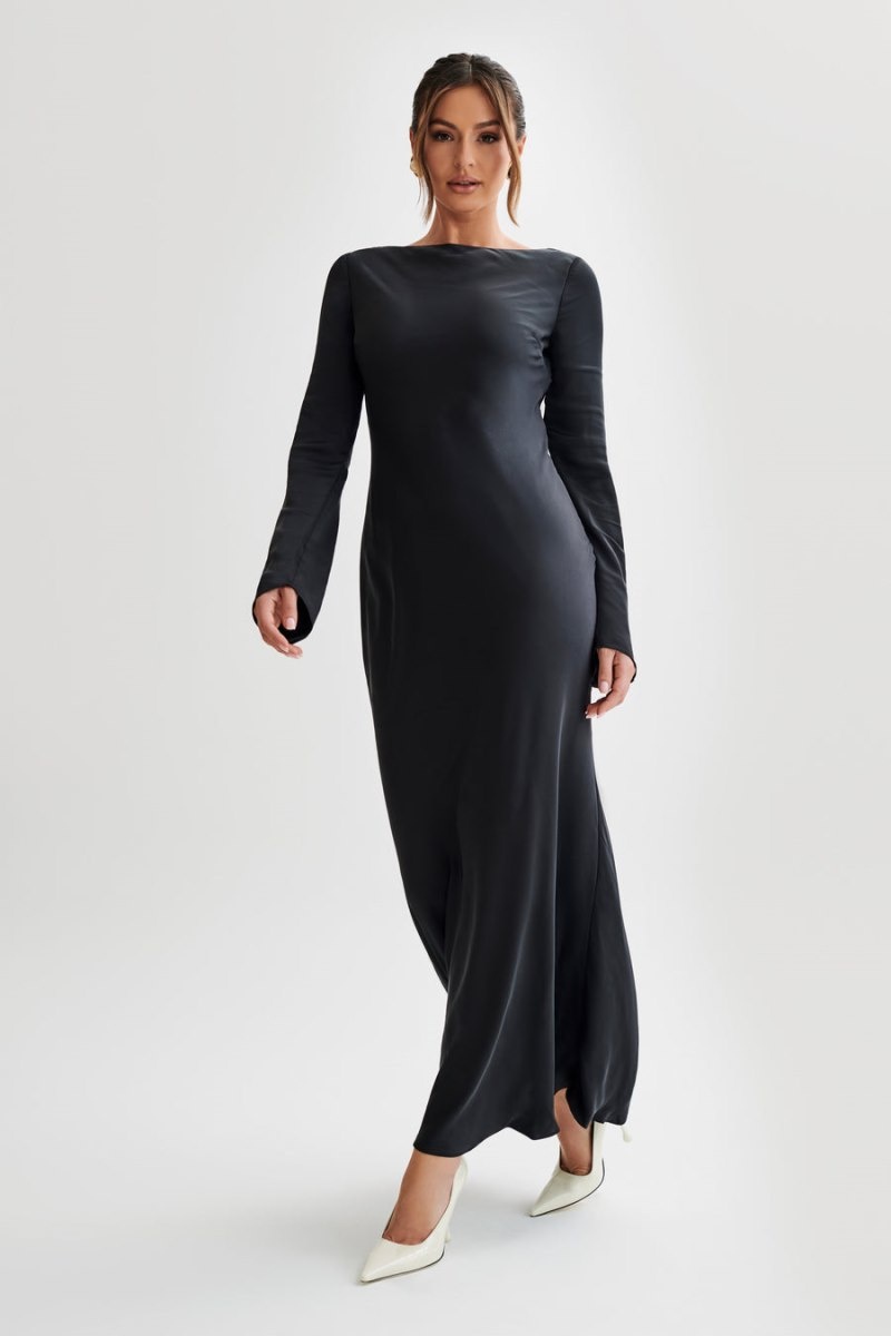 Women's Meshki Rayleigh Long Sleeve Satin Maxi Dress Black Australia | D0W-1552