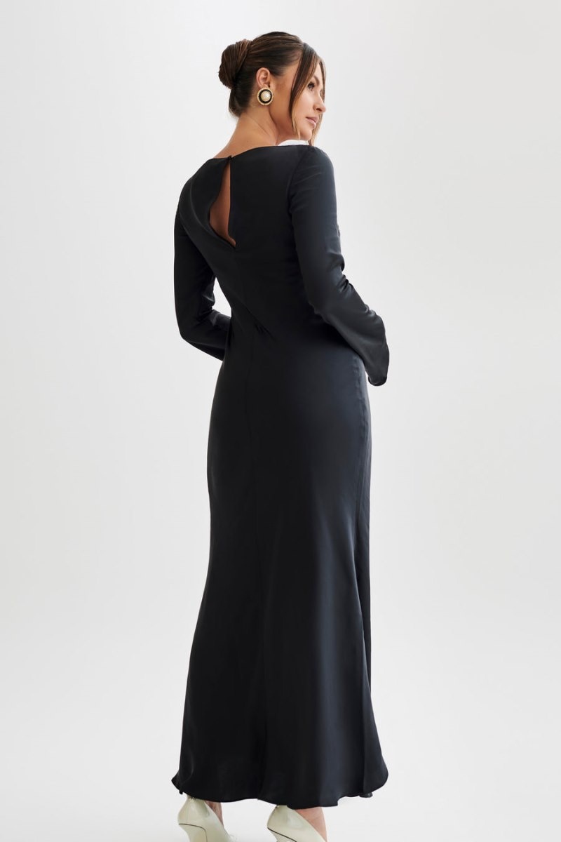 Women's Meshki Rayleigh Long Sleeve Satin Maxi Dress Black Australia | D0W-1552