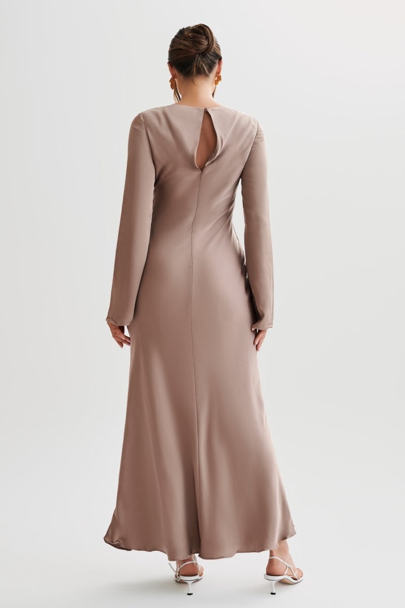 Women's Meshki Rayleigh Long Sleeve Satin Maxi Dress Brown Australia | F2M-2113