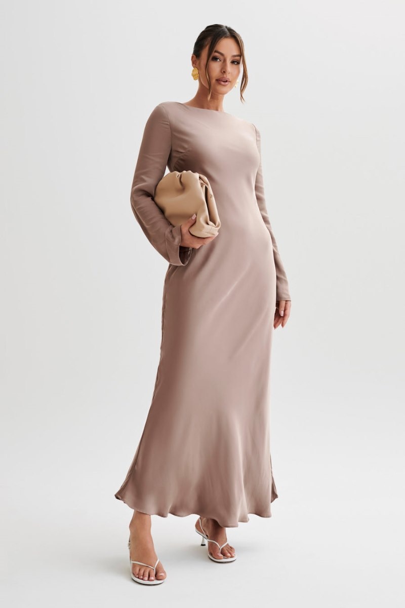 Women's Meshki Rayleigh Long Sleeve Satin Maxi Dress Brown Australia | F2M-2113