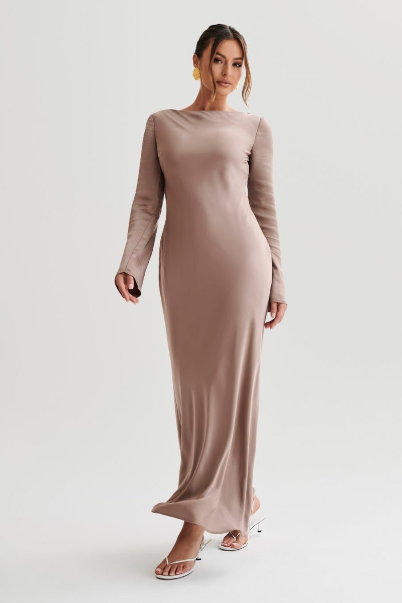 Women's Meshki Rayleigh Long Sleeve Satin Maxi Dress Brown Australia | F2M-2113