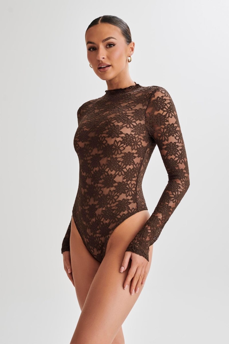 Women's Meshki Renata Lace Long Sleeve Bodysuit Chocolate Australia | T1Z-6724