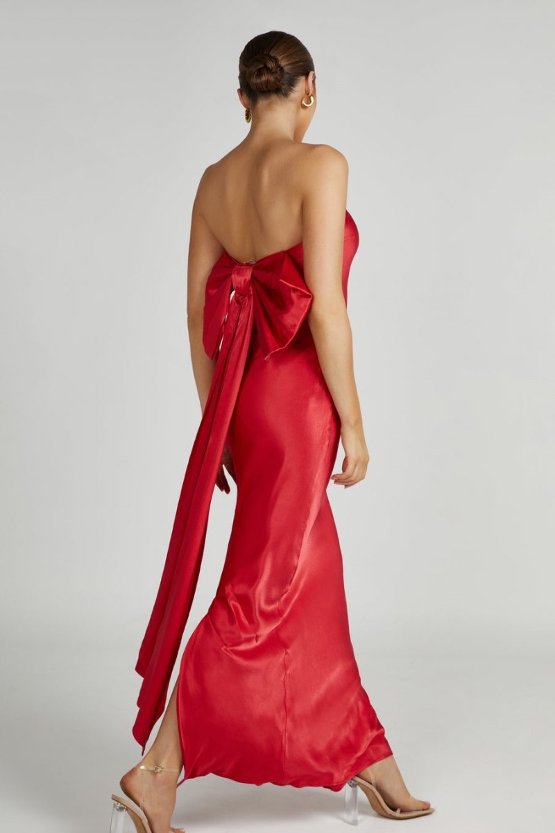 Women's Meshki Rochelle Bow Back Satin Maxi Dress Red Australia | U0Y-2127