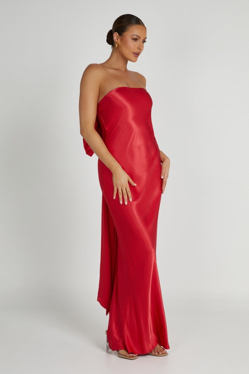 Women's Meshki Rochelle Bow Back Satin Maxi Dress Red Australia | U0Y-2127