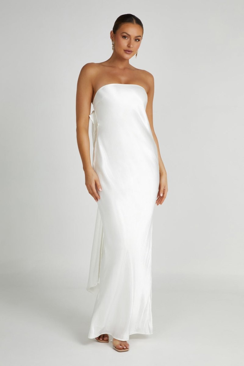 Women's Meshki Rochelle Bow Back Satin Maxi Dress White Australia | O8M-6962