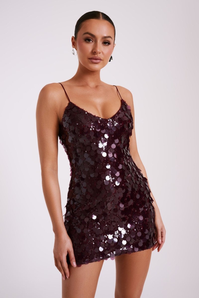 Women's Meshki Romilly Sequin Mini Dress Burgundy Australia | Y6G-3528